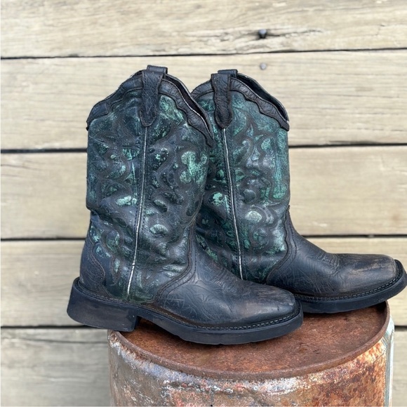 Upcycled Distressed Leather Cowboy Boots Black With Teal – Rustic Western Vibes - Picture 4 of 9